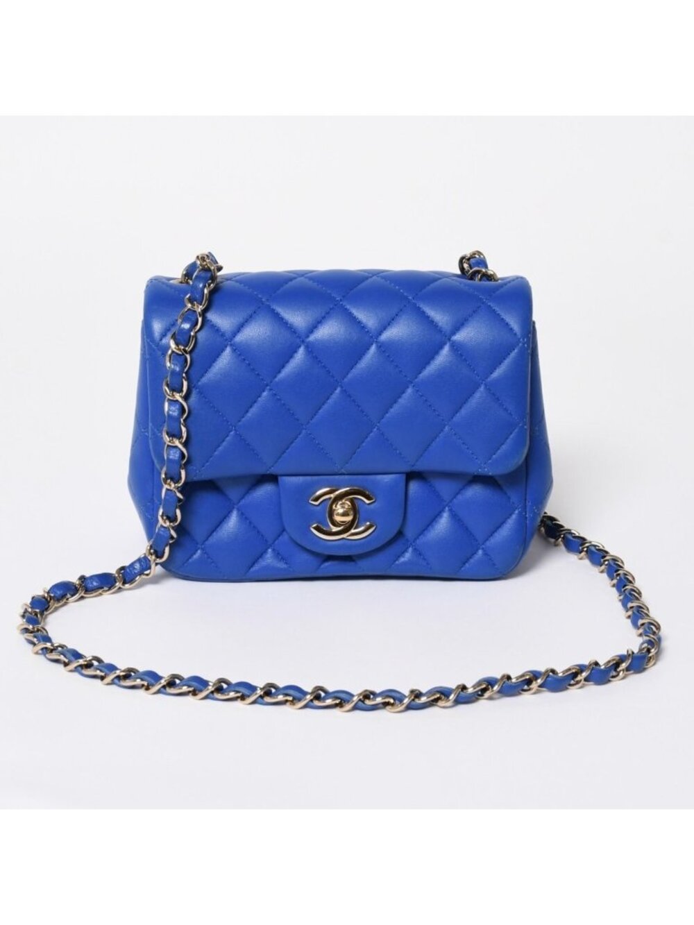 Chanel Mini Quilted 16 S Chain Shoulder Bag CC Logo Lambskin Blue